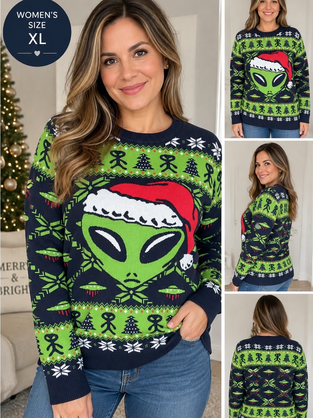 Alien Santa Holiday UGLY Sweater - Navy & Green Christmas Pullover size XL